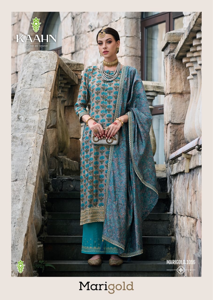 Kaahn Marigold Heavy Designer Dress Material Catalog
